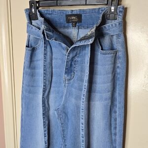 Flying Tomato Light Blue High Rise Wide Leg Bell Botton Denim Jeans with Belt